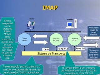 IMAP Cliente compatível com o protocolo IMAP4. Através desse protocolo, o cliente pode ler suas mensagens sem copiá-las para sua máquina local. O servidor IMAP4 é um programa permanentemente ativo que escuta requisições na porta TCP 143. A comunicação entre o cliente e o servidor é estabelecida através de uma conexão TCP/IP bidirecional. Mensagens enviadas para redes externas Mensagens vindas de redes externas Sistema de Transporte TCP/IP Servidor SMTP Porta 25 Servidor IMAP4 Porta 143 Cliente IMAP4 cliente servidor 