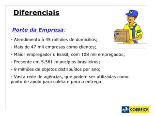 Diferenciais Porte da Empresa : - Atendimento à 45 milhões de domicílios; - Mais de 47 mil empresas como clientes; - Maior empregador o Brasil, com 108 mil empregados; - Presente em 5.561 municípios brasileiros; - 9 milhões de objetos distribuídos por ano; - Vasta rede de agências, que podem ser utilizadas como ponto de apoio para coleta e para a entrega. 
