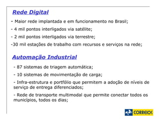 Rede Digital -  Maior rede implantada e em funcionamento no Brasil; - 4 mil pontos interligados via satélite; - 2 mil pontos interligados via terrestre; -30 mil estações de trabalho com recursos e serviços na rede; Automação Industrial - 87 sistemas de triagem automática; - 10 sistemas de movimentação de carga; - Infra-estrutura e portfólio que permitem a adoção de níveis de serviço de entrega diferenciados; - Rede de transporte multimodal que permite conectar todos os municípios, todos os dias; 