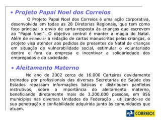 Projeto Papai Noel dos Correios O Projeto Papai Noel dos Correios é uma ação corporativa, desenvolvida em todas as 28 Diretorias Regionais, que tem como foco principal o envio de carta-resposta às crianças que escrevem ao “Papai Noel”. O objetivo central é manter a magia do Natal. Além de  estimular  a redação de cartas manuscritas pelas crianças, o projeto visa atender aos pedidos de presentes de Natal de crianças em situação de vulnerabilidade social, estimular o voluntariado dentro e fora da empresa e incentivar a solidariedade dos empregados e da sociedade. Aleitamento Materno No ano de 2002 cerca de 16.000 Carteiros devidamente treinados por profissionais das diversas Secretarias de Saúde dos Estados repassam informações básicas e distribuem panfletos instrutivos, sobre a importância do aleitamento materno, beneficiando diretamente mais de 3.200.000 pessoas, em 856 municípios nas diversas Unidades da Federação , utilizando-se de sua penetração e confiabilidade adquirida junto às comunidades que atuam. 