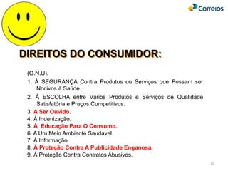 DIREITOS DO CONSUMIDOR:
(O.N.U).
1. À SEGURANÇA Contra Produtos ou Serviços que Possam ser
Nocivos à Saúde.
2. À ESCOLHA entre Vários Produtos e Serviços de Qualidade
Satisfatória e Preços Competitivos.
3. A Ser Ouvido.
4. À Indenização.
5. À Educação Para O Consumo.
6. A Um Meio Ambiente Saudável.
7. À Informação
8. À Proteção Contra A Publicidade Enganosa.
9. À Proteção Contra Contratos Abusivos.
20
 