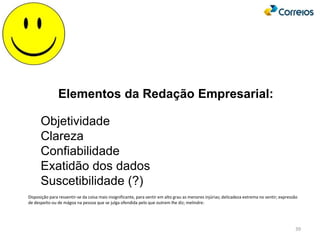 39
Objetividade
Clareza
Confiabilidade
Exatidão dos dados
Suscetibilidade (?)
Elementos da Redação Empresarial:
Disposição para ressentir-se da coisa mais insignificante, para sentir em alto grau as menores injúrias; delicadeza extrema no sentir; expressão
de despeito ou de mágoa na pessoa que se julga ofendida pelo que outrem lhe diz; melindre:
 