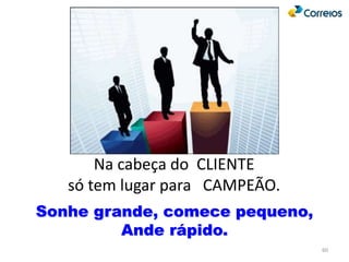 60
Na cabeça do CLIENTE
só tem lugar para CAMPEÃO.
Sonhe grande, comece pequeno,
Ande rápido.
 