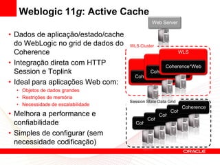 Weblogic 11g: Active Cache
                                               Web Server

• Dados de aplicação/estado/cache
  do WebLogic no grid de dados do   WLS Cluster
  Coherence                                                   WLS
                                                    WLS
• Integração direta com HTTP                WLS
                                                  Coherence*Web
  Session e Toplink                         Coherence*Web
                                      Coherence*Web
• Ideal para aplicações Web com:
  • Objetos de dados grandes
  • Restrições de memória
                                    Session State Data Grid
  • Necessidade de escalabilidade
                                                         Coherence
                                                    Coherence
• Melhora a performance e                       Coherence
                                           Coherence
  confiabilidade                       Coherence

• Simples de configurar (sem
  necessidade codificação)
 