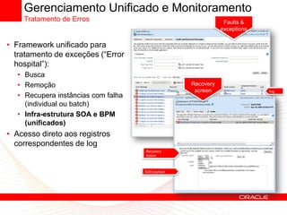 Gerenciamento Unificado e Monitoramento
    Tratamento de Erros                                         Faults &
                                                               exceptions

• Framework unificado para
  tratamento de exceções (“Error
  hospital”):
   • Busca
   • Remoção                                        Recovery
                                                     screen                 log
   • Recupera instâncias com falha
     (individual ou batch)
   • Infra-estrutura SOA e BPM
     (unificados)
• Acesso direto aos registros
  correspondentes de log
                                     Recovery
                                     Action



                                     Edit payload
 