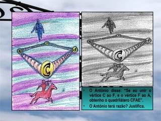 • O António disse: “Se eu unir o
vértice C ao F, e o vértice F ao A,
obtenho o quadrilátero CFAE”.
• O António terá razão? Justifica.
 