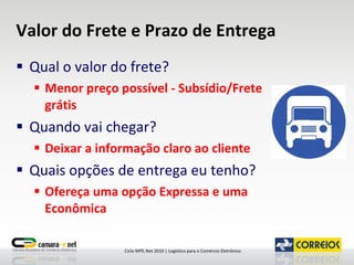 Valor do Frete e Prazo de Entrega Qual o valor do frete? Menor preço possível - Subsídio/Frete grátis Quando vai chegar? Deixar a informação claro ao cliente Quais opções de entrega eu tenho? Ofereça uma opção Expressa e uma Econômica 