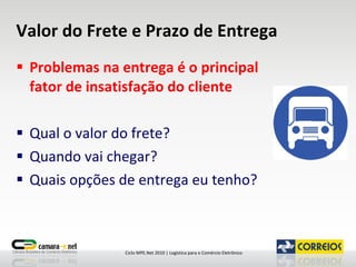 Valor do Frete e Prazo de Entrega Problemas na entrega é o principal fator de insatisfação do cliente Qual o valor do frete? Quando vai chegar? Quais opções de entrega eu tenho? 