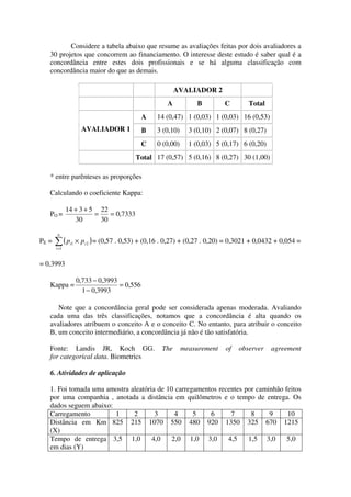 Considere a tabela abaixo que resume as avaliações feitas por dois avaliadores a
   30 projetos que concorrem ao financiamento. O interesse deste estudo é saber qual é a
   concordância entre estes dois profissionais e se há alguma classificação com
   concordância maior do que as demais.

                                                          AVALIADOR 2
                                                      A           B         C        Total
                                             A    14 (0,47) 1 (0,03) 1 (0,03) 16 (0,53)
                      AVALIADOR 1            B    3 (0,10)     3 (0,10) 2 (0,07) 8 (0,27)
                                             C    0 (0,00)     1 (0,03) 5 (0,17) 6 (0,20)
                                          Total 17 (0,57) 5 (0,16) 8 (0,27) 30 (1,00)

   * entre parênteses as proporções

   Calculando o coeficiente Kappa:

              14 + 3 + 5 22
   PO =                 =    = 0,7333
                 30       30

        n
PE =   ∑(p
       i =1
               i1   × p i 2 ) = (0,57 . 0,53) + (0,16 . 0,27) + (0,27 . 0,20) = 0,3021 + 0,0432 + 0,054 =


= 0,3993

                    0,733 − 0,3993
   Kappa =                         = 0,556
                      1 − 0,3993

      Note que a concordância geral pode ser considerada apenas moderada. Avaliando
   cada uma das três classificações, notamos que a concordância é alta quando os
   avaliadores atribuem o conceito A e o conceito C. No entanto, para atribuir o conceito
   B, um conceito intermediário, a concordância já não é tão satisfatória.

   Fonte: Landis JR, Koch GG.                       The      measurement    of   observer    agreement
   for categorical data. Biometrics

   6. Atividades de aplicação

   1. Foi tomada uma amostra aleatória de 10 carregamentos recentes por caminhão feitos
   por uma companhia , anotada a distância em quilômetros e o tempo de entrega. Os
   dados seguem abaixo:
   Carregamento         1     2       3      4     5    6      7      8     9     10
   Distância em Km 825 215 1070 550 480 920 1350 325 670 1215
   (X)
   Tempo de entrega 3,5 1,0          4,0    2,0 1,0 3,0       4,5    1,5 3,0      5,0
   em dias (Y)
 