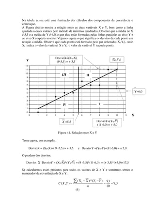 Na tabela acima está uma ilustração dos cálculos dos componentes da covariância e
correlação.
A Figura abaixo mostra a relação entre as duas variáveis X e Y, bem como a linha
ajustada a esses valores pelo método de mínimos quadrados. Observe que a média de X
é 5,5 e a média de Y é 6,0, e que elas estão formadas pelas linhas paralelas ao eixo Y e
ao eixo X respectivamente. Vejamos agora o que significa os desvios de cada ponto em
relação a média. Observe que cada ponto está formado pelo par ordenado (Xi,Yi), onde
Xi indica o valor da variável X e Yi o valor da variável Y naquele ponto.



                           DesvioX=(X9-X)
   Y                                                                                    (X9,Y9)
                            (9-5,5) = + 3,5
  12
  11
  10
                                  III                         II
   9
   8
   7
   6
   5                                                                                                       Y=6,0
   4
   3
   2                              IV                                      I
   1
   0
       0     1      2      3       4          5         6          7     8          9      10     11   X

                                  X =5,5                               DesvioY=(Y9-Y)
                                                                       (11-6,0) = + 5,0

                               Figura 41. Relação entre X e Y

Tome agora, por exemplo,

       DesvioX = (X9-X)=( 9 -5,5) = + 3,5          e Desvio Y =(Y9-Y)=(11-6,0) = + 5,0

O produto dos desvios:

   Desvíos X DesvioY = (X9-X)*(Y9-Y) = (9 -5,5)*(11-6,0) = (+ 3,5)*(+5,0)=17,5

Se calcularmos esses produtos para todos os valores de X e Y e somarmos temos o
numerador da covariância de X e Y:


                               C ( X ,Y ) =
                                              ∑(X       i   − X ) * (Yi − Y )
                                                                                =
                                                                                    93
                                                                                       = 9,3
                                                               n                    10
                                                  (1)
 