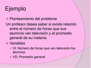 Ejemplo
 Planteamiento del problema
Un profesor desea saber si existe relación
entre el número de horas que sus
alumnos ven televisión y el promedio
general de su materia.
 Variables
 VI: Número de horas que ven televisión los
alumnos
 VD: Promedio general
 