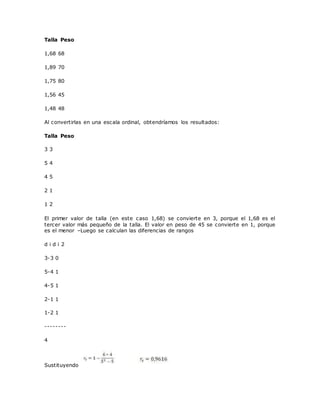 Talla Peso
1,68 68
1,89 70
1,75 80
1,56 45
1,48 48
Al convertirlas en una escala ordinal, obtendríamos los resultados:
Talla Peso
3 3
5 4
4 5
2 1
1 2
El primer valor de talla (en este caso 1,68) se convierte en 3, porque el 1,68 es el
tercer valor más pequeño de la talla. El valor en peso de 45 se convierte en 1, porque
es el menor –Luego se calculan las diferencias de rangos
d i d i 2
3-3 0
5-4 1
4-5 1
2-1 1
1-2 1
--------
4
Sustituyendo
 