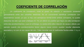COEFICIENTE DE CORRELACIÓN
Un coeficiente de correlación, mide el grado de relación o asociación existente
generalmente entre dos variables aleatorias. No es conveniente identificar correlación con
dependencia causal, ya que, si hay una semejanza formal entre ambos conceptos, no puede
deducirse de esto que sean análogos (9, 15); en efecto es posible que haya una alta correlación
entre dos acontecimientos y que sin embargo, no exista entre ellos relación de causa o efecto; por
ejemplo cuando dos acontecimientos tienen alguna causa común, pueden resultar altamente
asociados y no son el uno causa del otro. Cabe recordar que el coeficiente fluctúa entre -1 ≤ ρ ≤
1.
 