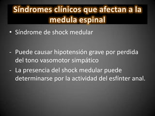 • Síndrome de shock medular
- Puede causar hipotensión grave por perdida
del tono vasomotor simpático
- La presencia del shock medular puede
determinarse por la actividad del esfínter anal.
 