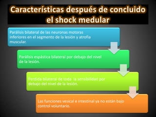 Parálisis bilateral de las neuronas motoras
inferiores en el segmento de la lesión y atrofia
muscular.
Parálisis espástica bilateral por debajo del nivel
de la lesión.
Perdida bilateral de toda la sensibilidad por
debajo del nivel de la lesión.
Las funciones vesical e intestinal ya no están bajo
control voluntario.
 