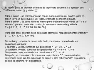 El primer paso es ordenar los datos de la primera columna. Se agregan dos
columnas 'orden (i)' y 'orden (t)‘
Para el orden i, se corresponderán con el numero de fila del cuadro, para 99,
orden (i) =3 ya que ocupa el 3er lugar, ordenado de menor a mayor.
Para el orden t, se debe hacer lo mismo pero ordenando por 'Horas de TV a la
semana', para no hacer otro cuadro, la secuencia ordenada quedaría…
T = { 0, 7, 7, 12, 17, 20, 28, 28, 28, 50 }
Para este caso, el orden sería para cada elemento, respectivamente: orden(t) =
{ 1, 2, 3, 4, 5, 6, 7, 8, 9, 10 }
Sin embargo, el valor de orden esta dado por el valor promedio de sus
posiciones, así para:
7 aparece 2 veces, sumando sus posiciones = ( 2 + 3 ) / 2 = 2.5
28 aparece 3 veces, sumando sus posiciones = ( 7 + 8 + 9 ) / 3 = 8
50 aparece 1 vez, sumando sus posiciones = 10 / 1 = 10
Después, se crean dos columnas más, una columna "d" que muestra las
diferencias entre las dos columnas de orden y, otra columna "d2". Esta última
es sólo la columna "d" al cuadrado.
 