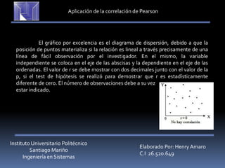 Instituto Universitario Politécnico
Santiago Mariño
Ingeniería en Sistemas
Elaborado Por: Henry Amaro
C.I 26.520.649
Aplicación de la correlación de Pearson
El gráfico por excelencia es el diagrama de dispersión, debido a que la
posición de puntos materializa si la relación es lineal a través precisamente de una
línea de fácil observación por el investigador. En el mismo, la variable
independiente se coloca en el eje de las abscisas y la dependiente en el eje de las
ordenadas. El valor de r se debe mostrar con dos decimales junto con el valor de la
p, si el test de hipótesis se realizó para demostrar que r es estadísticamente
diferente de cero. El número de observaciones debe a su vez
estar indicado.
 