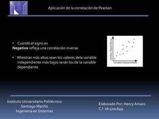 Instituto Universitario Politécnico
Santiago Mariño
Ingeniería en Sistemas
Elaborado Por: Henry Amaro
C.I 26.520.649
Aplicación de la correlación de Pearson
• Cuando el signo es
Negativo refleja una correlación inversa
• Mientras más altos sean los valores dela variable
independiente mas bajos serán los de la variable
dependiente
 
