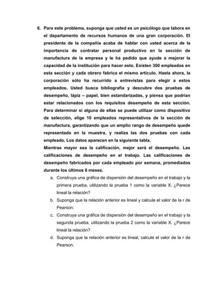 6. Para este problema, suponga que usted es un psicólogo que labora en
  el departamento de recursos humanos de una gran corporación. El
  presidente de la compañía acaba de hablar con usted acerca de la
  importancia de contratar personal productivo en la sección de
  manufactura de la empresa y le ha pedido que ayude a mejorar la
  capacidad de la institución para hacer esto. Existen 300 empleados en
  esta sección y cada obrero fabrica el mismo artículo. Hasta ahora, la
  corporación sólo ha recurrido a entrevistas para elegir a estos
  empleados. Usted busca bibliografía y descubre dos pruebas de
  desempeño, lápiz – papel, bien estandarizadas, y piensa que podrían
  estar relacionados con los requisitos desempeño de esta sección.
  Para determinar si alguna de ellas se puede utilizar como dispositivo
  de selección, elige 10 empleados representativos de la sección de
  manufactura, garantizando que un amplio rango de desempeño quede
  representado en la muestra, y realiza las dos pruebas con cada
  empleado. Los datos aparecen en la siguiente tabla.
  Mientras mayor sea la calificación, mejor será el desempeño. Las
  calificaciones de desempeño en el trabajo. Las calificaciones de
  desempeño fabricados por cada empleado por semana, promediados
  durante los últimos 6 meses.
     a. Construya una gráfica de dispersión del desempeño en el trabajo y la
        primera prueba, utilizando la prueba 1 como la variable X. ¿Parece
        lineal la relación?
     b. Suponga que la relación anterior es lineal y calcule el valor de la r de
        Pearson.
     c. Construya una gráfica de dispersión del desempeño en el trabajo y la
        segunda prueba, utilizando la prueba 2 como la variable X. ¿Parece
        lineal la relación?
     d. Suponga que la relación anterior es lineal, calcule el valor de la r de
        Pearson.
 