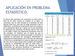 APLICACIÒN EN PROBLEMA
ESTADÌSTICO.
El cálculo del coeficiente de correlación (r) entre peso y
talla de 20 niños varones se muestra en la tabla. La
covarianza, que en este ejemplo es el producto de peso
(kg) por talla (cm), para que no tenga dimensión y sea un
coeficiente, se divide por la desviación típica de X (talla) y
por la desviación típica de Y (peso) con lo que obtenemos
el coeficiente de correlación de Pearson que en este caso
es de 0.885 e indica una importante correlación entre las
dos variables. Es evidente que el hecho de que la
correlación sea fuerte no implica causalidad. Si elevamos al
cuadrado el coeficiente de correlación obtendremos el
coeficiente de determinación (r2=0.783) que nos indica que
el 78.3% de la variabilidad en el peso se explica por la talla
del niño. Por lo tanto existen otras variables que modifican
y explican la variabilidad del peso de estos niños. La
introducción de más variable con técnicas de análisis
multivariado nos permitirá identificar la importancia de
que otras variables pueden tener sobre el peso.
 