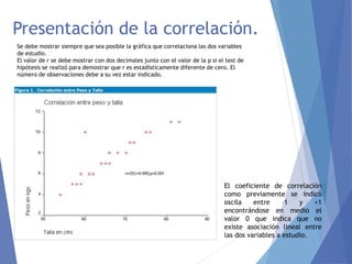 Presentación de la correlación.
Se debe mostrar siempre que sea posible la gráfica que correlaciona las dos variables
de estudio.
El valor de r se debe mostrar con dos decimales junto con el valor de la p si el test de
hipótesis se realizó para demostrar que r es estadísticamente diferente de cero. El
número de observaciones debe a su vez estar indicado.
El coeficiente de correlación
como previamente se indicó
oscila entre –1 y +1
encontrándose en medio el
valor 0 que indica que no
existe asociación lineal entre
las dos variables a estudio.
 