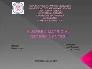 Profesor:
Mayira bravo
Estudiante:
Noris Pacheco
C.I: 29.710.361
Charallave, agosto 2019
 