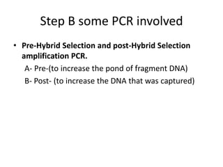 Step B some PCR involved
• Pre-Hybrid Selection and post-Hybrid Selection
  amplification PCR.
   A- Pre-(to increase the pond of fragment DNA)
   B- Post- (to increase the DNA that was captured)
 