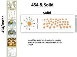 454 & Solid
                               Solid
454/Roche




            Amplified Materials deposited in picotiter
            plate or on slide via 3’ modification of the
            3’end
 