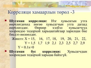 Корреляци хамаарлын төрөл -3
 Шугаман корреляци: Нэг хувьсагын утга
өөрчлөгдөхөд нөгөө хувьсагчын утга дагаад
өөрчлөгддөг. Өөрөөр хэлбэл хувьсагчууд
хоорондоо тодорхой харьцаатайгаар харилцан бие
биедээ нөлөөлдөг.
Жишээ: X = 15, 16, 17, 18, 19, 20, 21, 22,
Y = 1,5 1,7 1,9 2,1 2,3 2,5 2,7 2,9
Y = 0.1x+0
 Шугаман бус корреляци: Хувьсагчдын
хоорондын тодорхой харьцаа байхгүй.
 