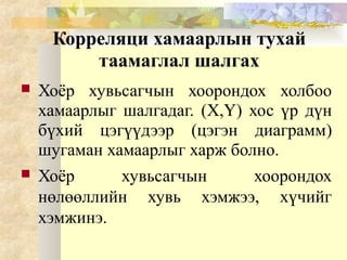 Корреляци хамаарлын тухай
таамаглал шалгах
 Хоёр хувьсагчын хоорондох холбоо
хамаарлыг шалгадаг. (X,Y) хос үр дүн
бүхий цэгүүдээр (цэгэн диаграмм)
шугаман хамаарлыг харж болно.
 Хоёр хувьсагчын хоорондох
нөлөөллийн хувь хэмжээ, хүчийг
хэмжинэ.
 