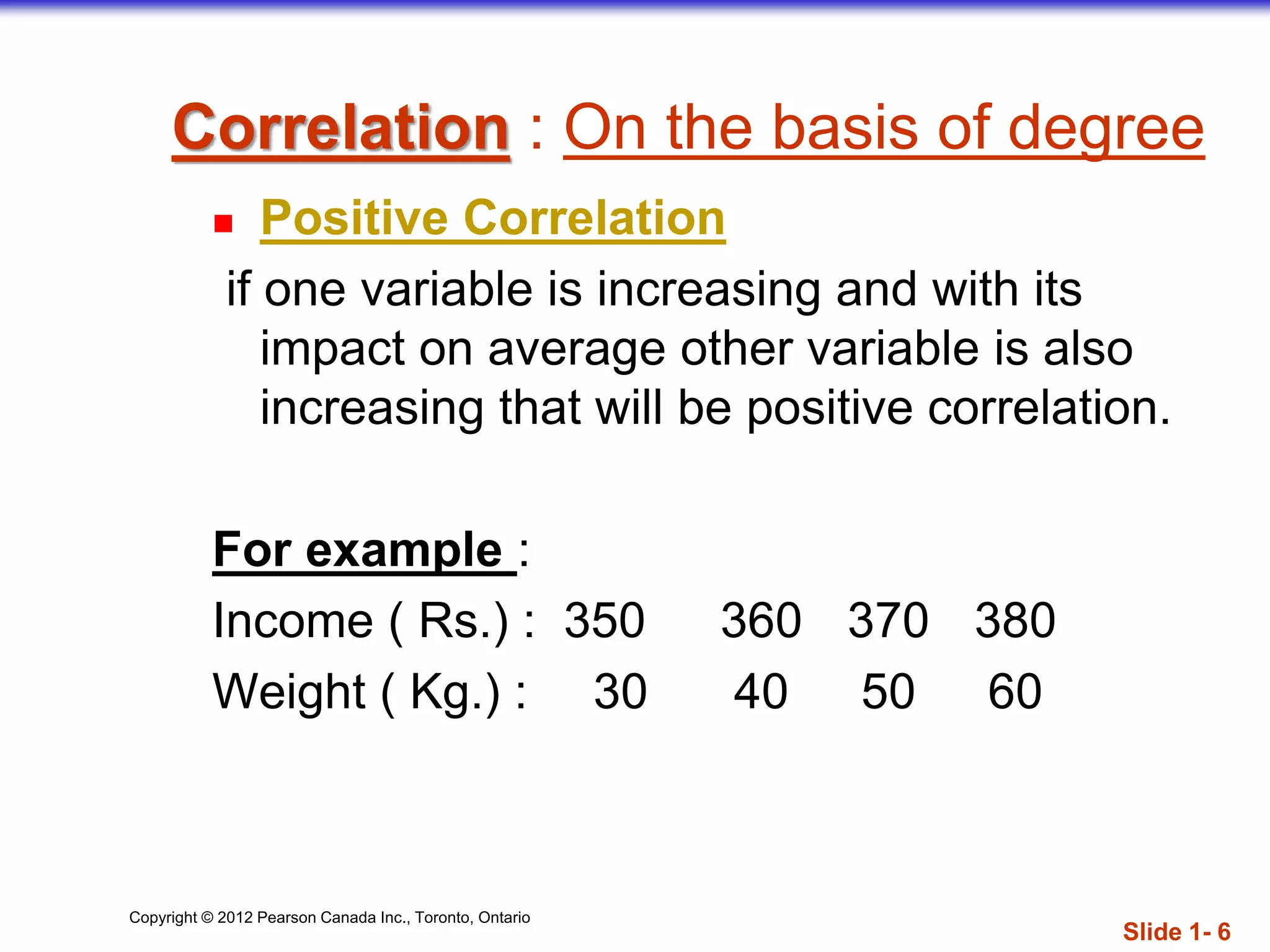 Copyright © 2012 Pearson Canada Inc., Toronto, Ontario
Correlation : On the basis of degree
 Positive Correlation
if one variable is increasing and with its
impact on average other variable is also
increasing that will be positive correlation.
For example :
Income ( Rs.) : 350 360 370 380
Weight ( Kg.) : 30 40 50 60
Slide 1- 6
 