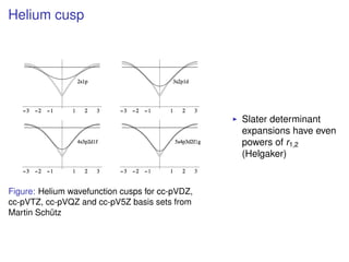 Helium cusp
Figure: Helium wavefunction cusps for cc-pVDZ,
cc-pVTZ, cc-pVQZ and cc-pV5Z basis sets from
Martin Sch¨utz
Slater determinant
expansions have even
powers of r1,2
(Helgaker)
 