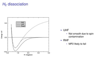 H2 dissociation
UHF
Not smooth due to spin
contamination
RHF
MP2 likely to fail
 