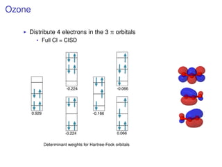 Ozone
Distribute 4 electrons in the 3 π orbitals
Full CI = CISD
0.929
-0.224
-0.224
-0.166
-0.066
0.066
Determinant weights for Hartree-Fock orbitals
 