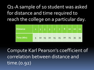 Q1-A sample of 10 student was asked
for distance and time required to
reach the college on a particular day.
Compute Karl Pearson’s coefficient of
correlation between distance and
time.(0.92)
Distance 1 3 5 5 7 7 8 10 10 12
Time (Min) 5 10 15 20 15 25 20 25 35 35
 