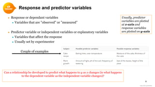 Response and predictor variables
● Response or dependant variables
● Variables that are ”observed” or ”measured”
● Predictor variable or independent variables or explanatory variables
● Variables that affect the response
● Usually set by experimenter
Couple of examples
2
https://bit.ly/2MZOIdv
Usually, predictor
variables are plotted
at x-axis and
response variables
are plotted on y-axis
Can a relationship be developed to predict what happens to y as x changes (ie what happens
to the dependent variable as the independent variable changes)?
 