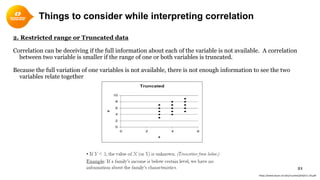 Things to consider while interpreting correlation
21
2. Restricted range or Truncated data
Correlation can be deceiving if the full information about each of the variable is not available. A correlation
between two variable is smaller if the range of one or both variables is truncated.
Because the full variation of one variables is not available, there is not enough information to see the two
variables relate together.
https://www.bauer.uh.edu/rsusmel/phd/ec1-24.pdf
 