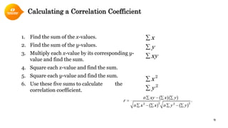 Calculating a Correlation Coefficient
9
1. Find the sum of the x-values.
2. Find the sum of the y-values.
3. Multiply each x-value by its corresponding y-
value and find the sum.
4. Square each x-value and find the sum.
5. Square each y-value and find the sum.
6. Use these five sums to calculate the
correlation coefficient.
x∑
y∑
xy∑
2
x∑
2
y∑
( )( )
( ) ( )2 22 2
.
n xy x y
r
n x x n y y
∑ − ∑ ∑
=
∑ − ∑ ∑ − ∑
 