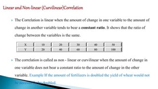  The Correlation is linear when the amount of change in one variable to the amount of
change in another variable tends to...