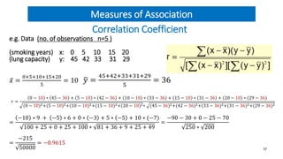 Measures of Association
Correlation Coefficient
e.g. Data (no. of observations n=5 )
(smoking years) x: 0 5 10 15 20
(lung...