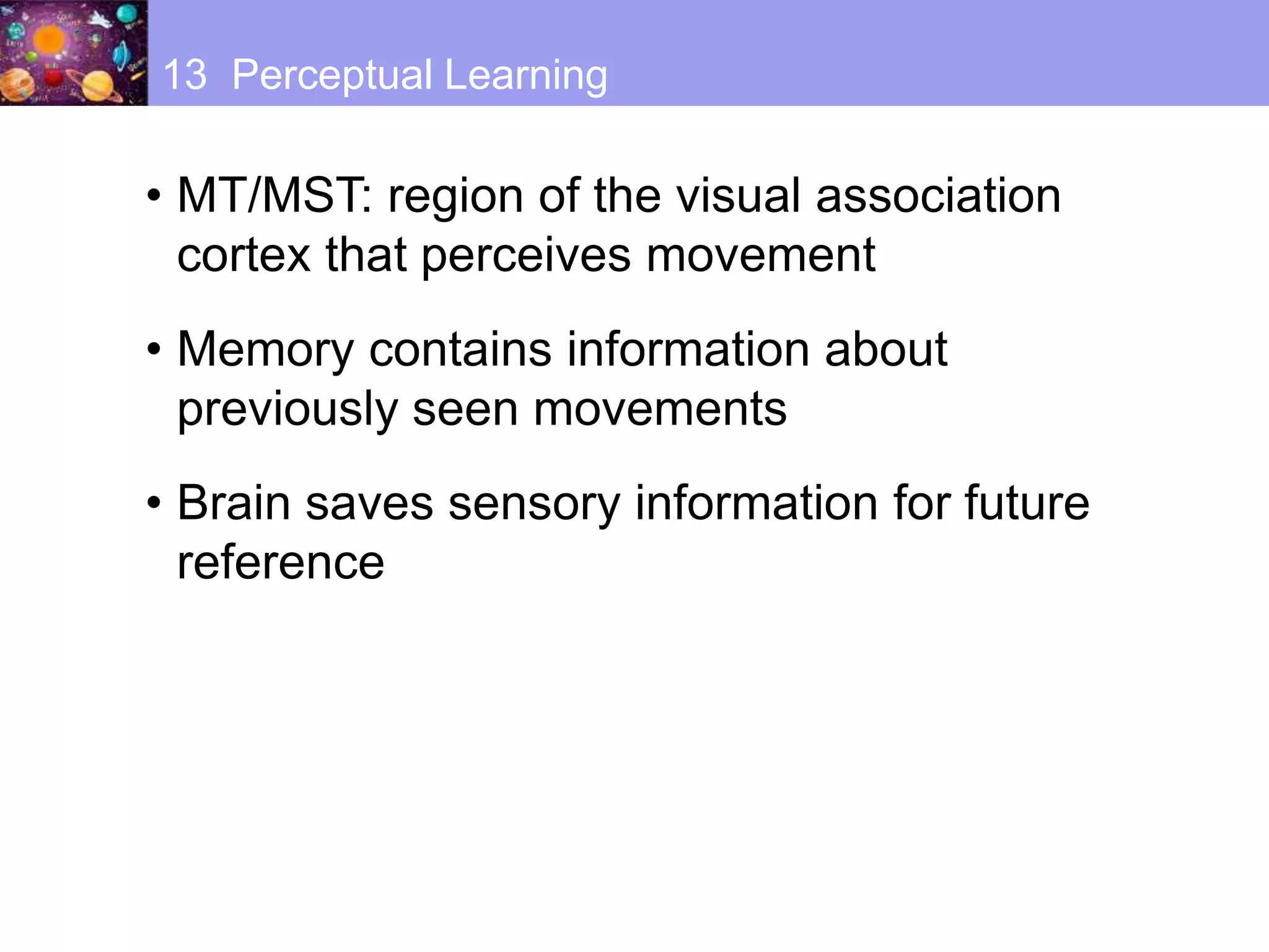 • MT/MST: region of the visual association
cortex that perceives movement
• Memory contains information about
previously seen movements
• Brain saves sensory information for future
reference
13 Perceptual Learning
 