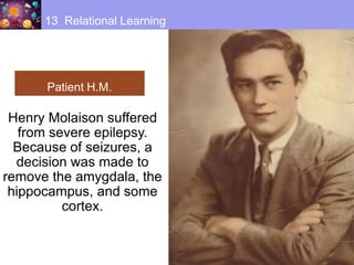 13 Relational Learning
Henry Molaison suffered
from severe epilepsy.
Because of seizures, a
decision was made to
remove the amygdala, the
hippocampus, and some
cortex.
Patient H.M.
 