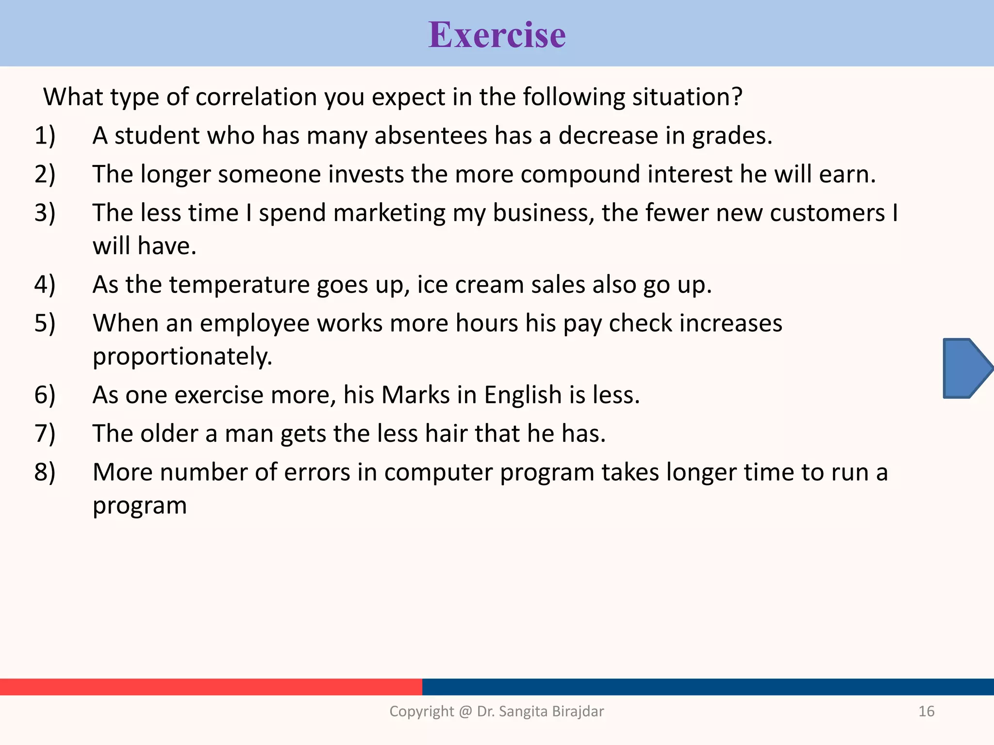 Exercise
What type of correlation you expect in the following situation?
1) A student who has many absentees has a decrease in grades.
2) The longer someone invests the more compound interest he will earn.
3) The less time I spend marketing my business, the fewer new customers I
will have.
4) As the temperature goes up, ice cream sales also go up.
5) When an employee works more hours his pay check increases
proportionately.
6) As one exercise more, his Marks in English is less.
7) The older a man gets the less hair that he has.
8) More number of errors in computer program takes longer time to run a
program
Copyright @ Dr. Sangita Birajdar 16
 