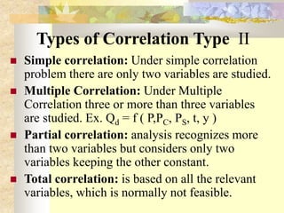 Types of Correlation Type II
 Simple correlation: Under simple correlation
problem there are only two variables are studied.
 Multiple Correlation: Under Multiple
Correlation three or more than three variables
are studied. Ex. Qd = f ( P,PC, PS, t, y )
 Partial correlation: analysis recognizes more
than two variables but considers only two
variables keeping the other constant.
 Total correlation: is based on all the relevant
variables, which is normally not feasible.
 