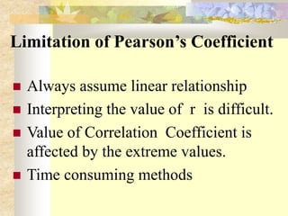 Limitation of Pearson’s Coefficient
 Always assume linear relationship
 Interpreting the value of r is difficult.
 Value of Correlation Coefficient is
affected by the extreme values.
 Time consuming methods
 