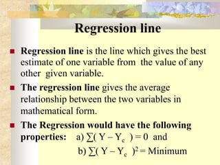 Regression line
 Regression line is the line which gives the best
estimate of one variable from the value of any
other given variable.
 The regression line gives the average
relationship between the two variables in
mathematical form.
 The Regression would have the following
properties: a) ∑( Y – Yc ) = 0 and
b) ∑( Y – Yc )2 = Minimum
 