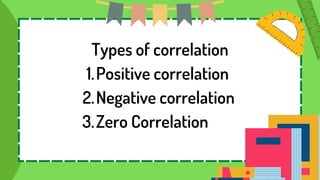 Positive correlation
Negative correlation
Zero Correlation
Types of correlation
1.
2.
3.
 