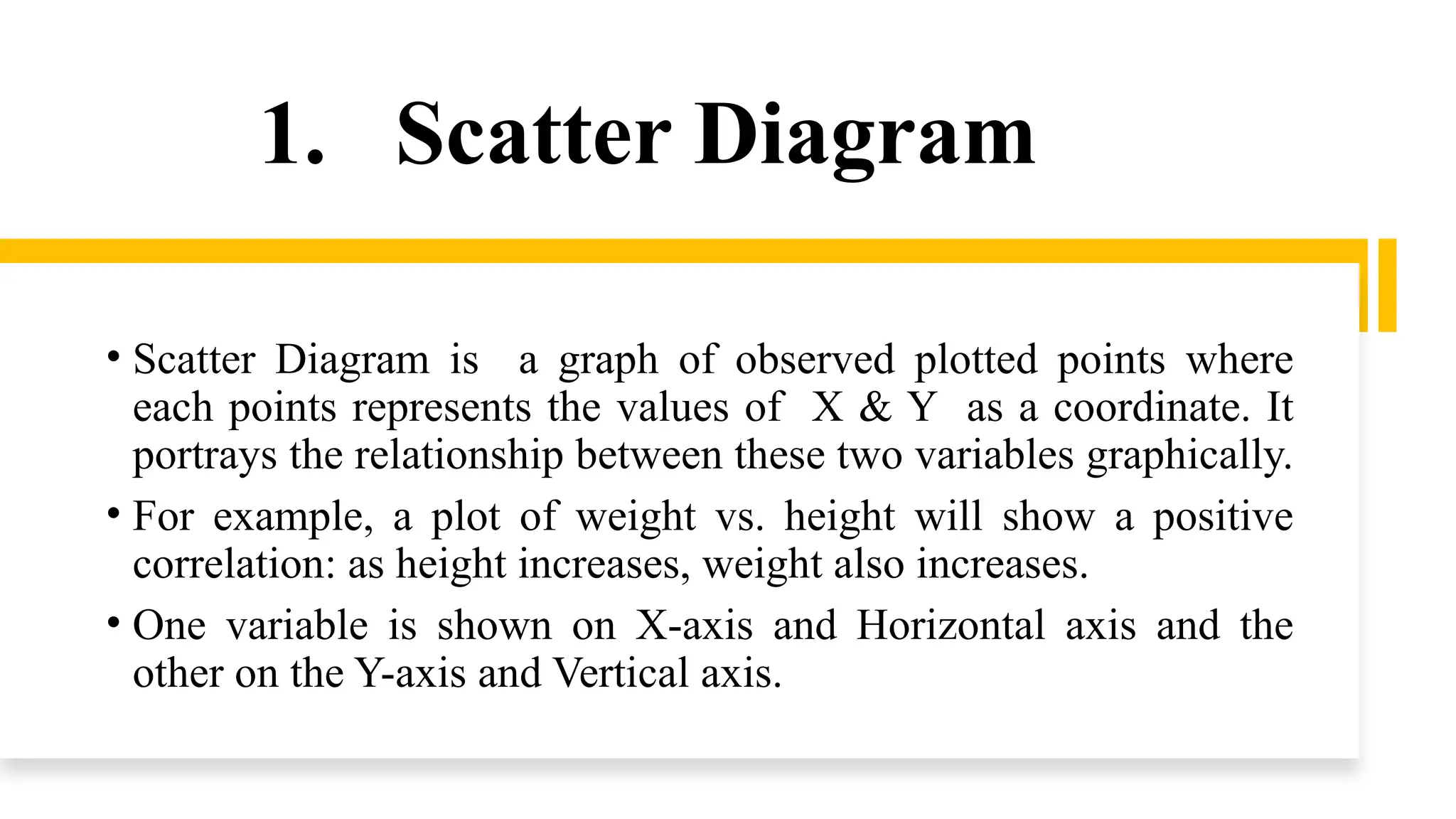 1. Scatter Diagram
• Scatter Diagram is a graph of observed plotted points where
each points represents the values of X & Y as a coordinate. It
portrays the relationship between these two variables graphically.
• For example, a plot of weight vs. height will show a positive
correlation: as height increases, weight also increases.
• One variable is shown on X-axis and Horizontal axis and the
other on the Y-axis and Vertical axis.
 