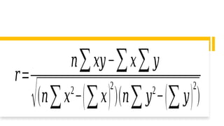 𝑟=
𝑛∑𝑥𝑦−∑𝑥∑𝑦
√(𝑛∑𝑥2
−(∑𝑥)
2
)(𝑛∑𝑦2
−(∑𝑦)
2
)
 