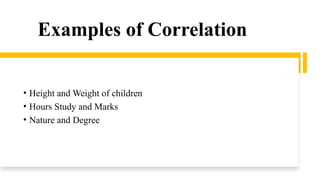 Examples of Correlation
• Height and Weight of children
• Hours Study and Marks
• Nature and Degree
 